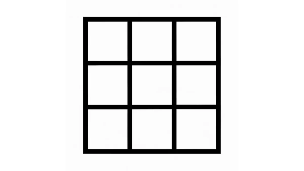 Mriežka 3x3 znázorňujúca prázdne štvorcové políčka, ideálna pre logické alebo strategické hry.