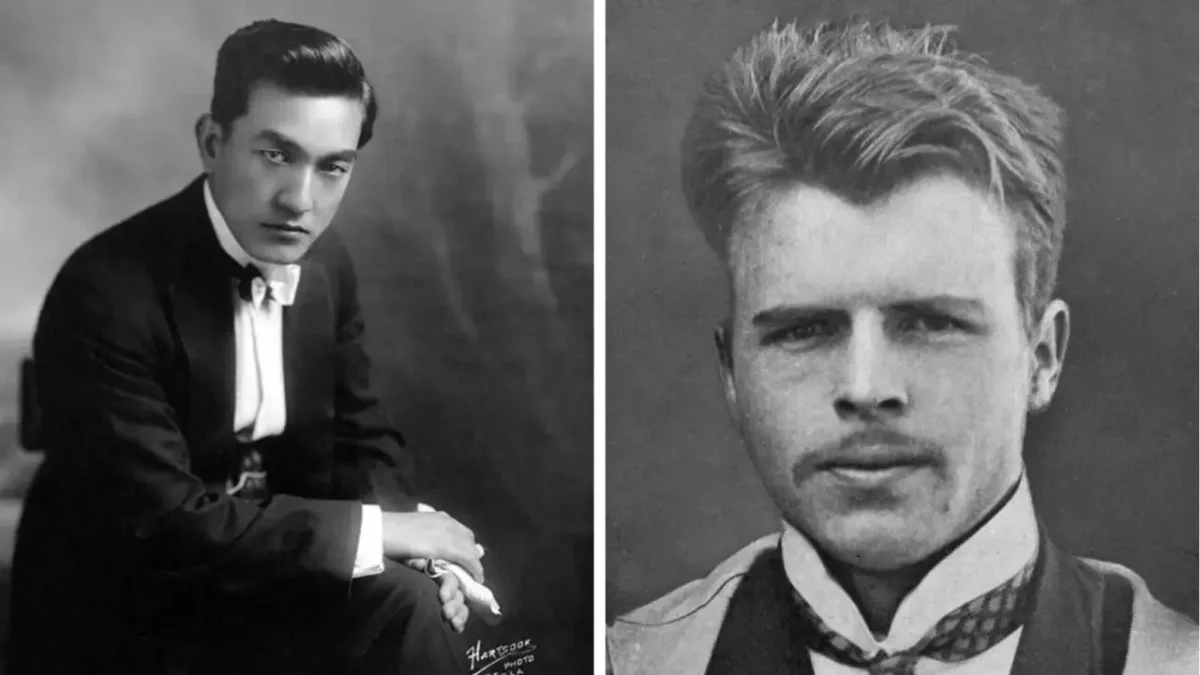 Čiernobiele portréty dvoch mužov v oblekoch z minulého storočia, historické fotografie.