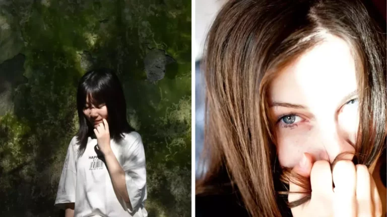 Dve dievčatá, jedno v bielej blúzke pred machovým pozadím, druhé s modrými očami a svetlom cez vlasy.