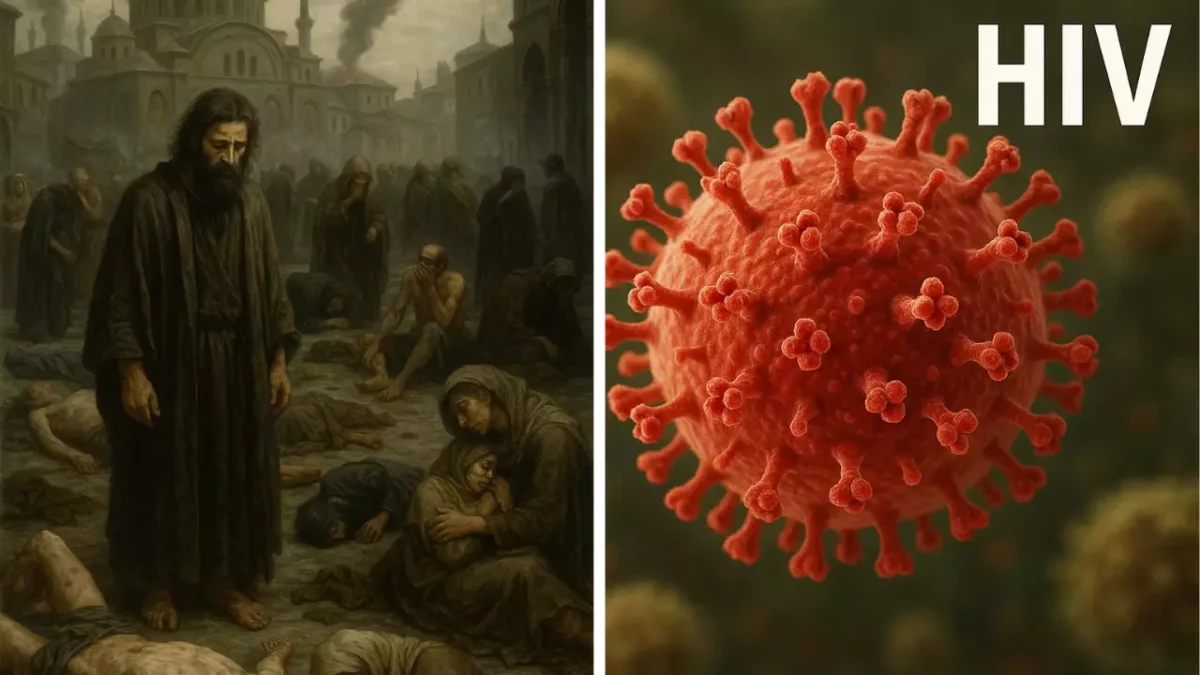 Ľudia trpia epidémiou v minulosti vedľa detailného zobrazenia vírusu HIV.