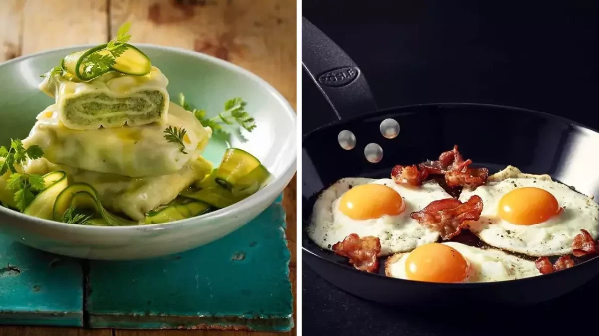 Za obrázkom sa skrýva ravioli s omáčkou a vyprážané vajcia so slaninou, ideálne na gurmánske raňajky alebo obed.