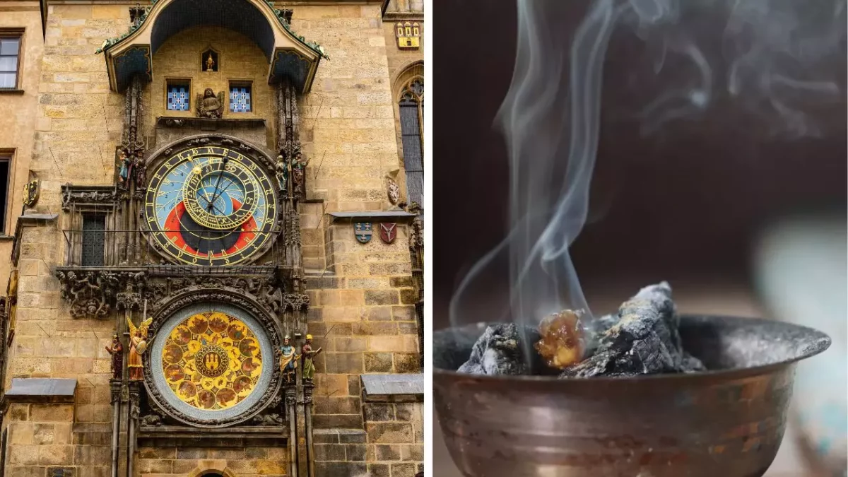 Astronomické hodiny na historickej veži a dymiaca miska s vonnou živicou vedľa nej.