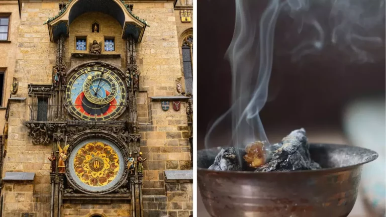 Astronomické hodiny na historickej veži a dymiaca miska s vonnou živicou vedľa nej.