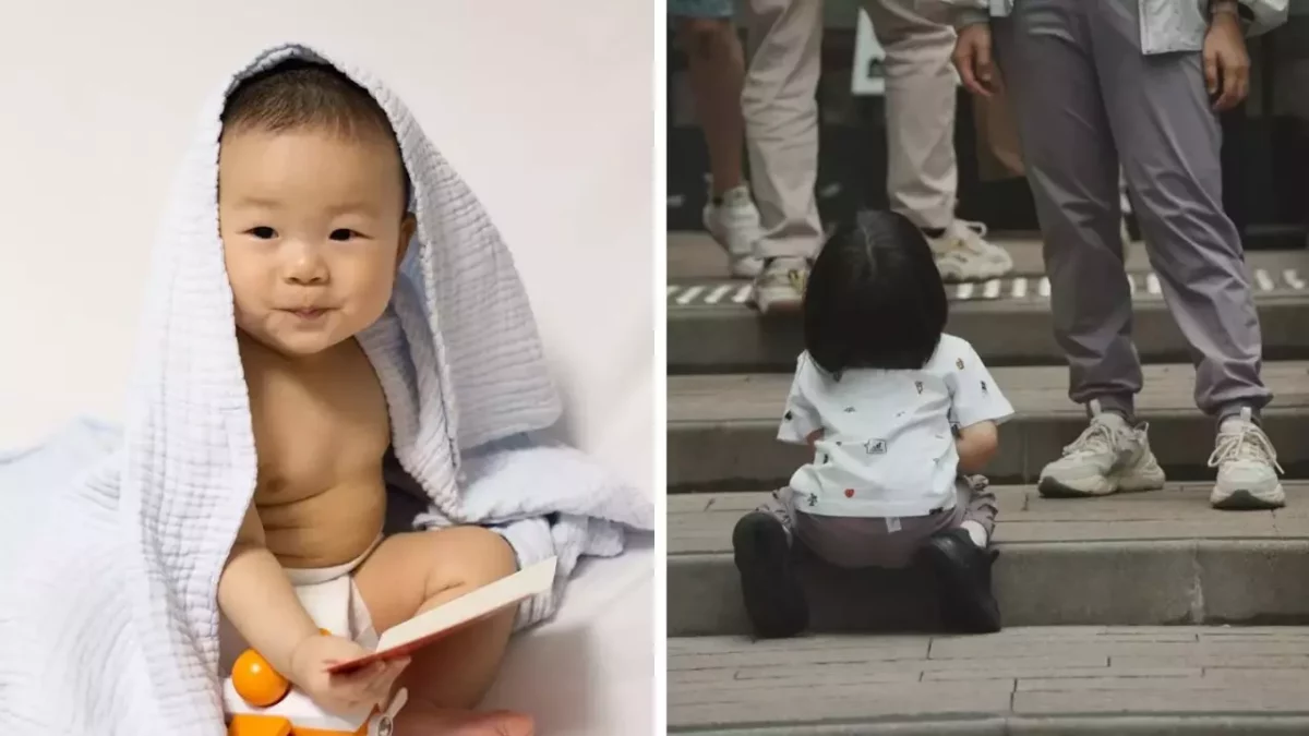Bábätko s úsmevom pod uterákom a dieťa lezúce po schodoch so sledovaním dospelých nôh.