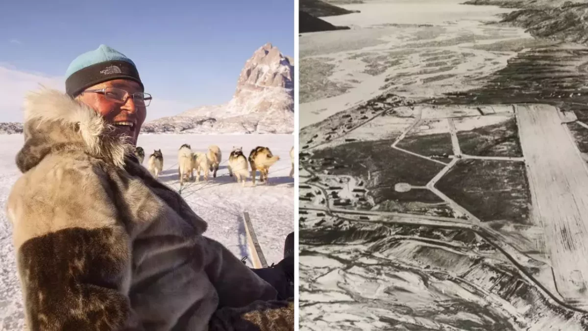 Osoba so psím záprahom v zasneženej krajine, vedľa historického leteckého pohľadu na rozľahlú zasneženú oblasť.