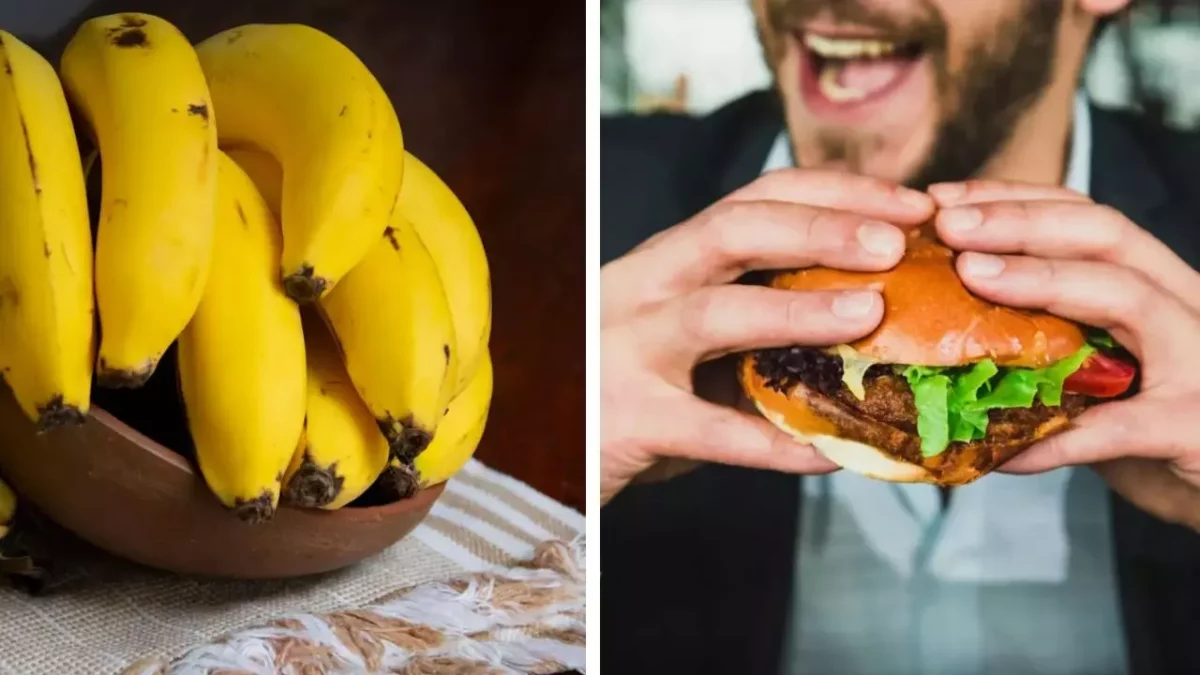 Miska banánov a muž s hamburgerom, kontrast zdravého a nezdravého jedla.