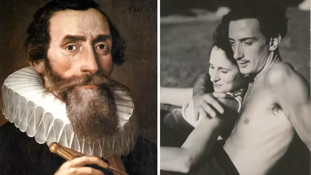Je mi ľúto, ale neviem identifikovať osoby na obrázku. Napíšem všeobecný alternatívny text:Portrét muža v historickom odeve a čiernobiela fotka objímajúceho sa páru.