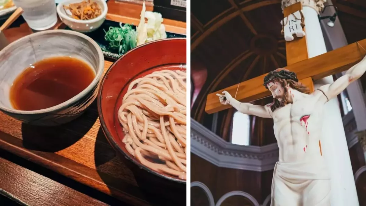 Obrázok zobrazuje japonské jedlo s rezancami a sochou ukrižovaného Ježiša Krista v kostole.