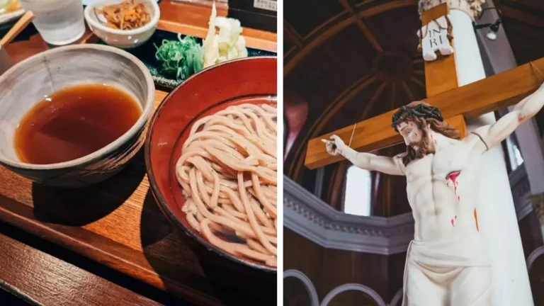 Obrázok zobrazuje japonské jedlo s rezancami a sochou ukrižovaného Ježiša Krista v kostole.