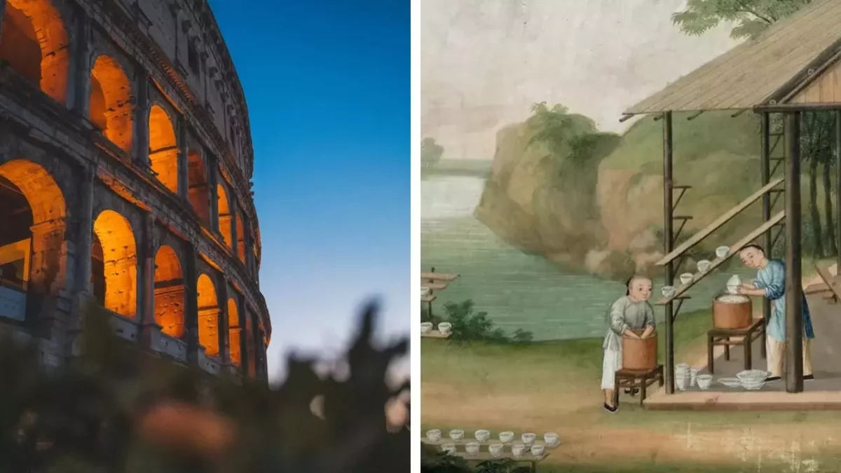 Koloseum za súmraku a tradičná čínska výroba porcelánu pri rieke, odhaľujú krásu dvoch kultúr.