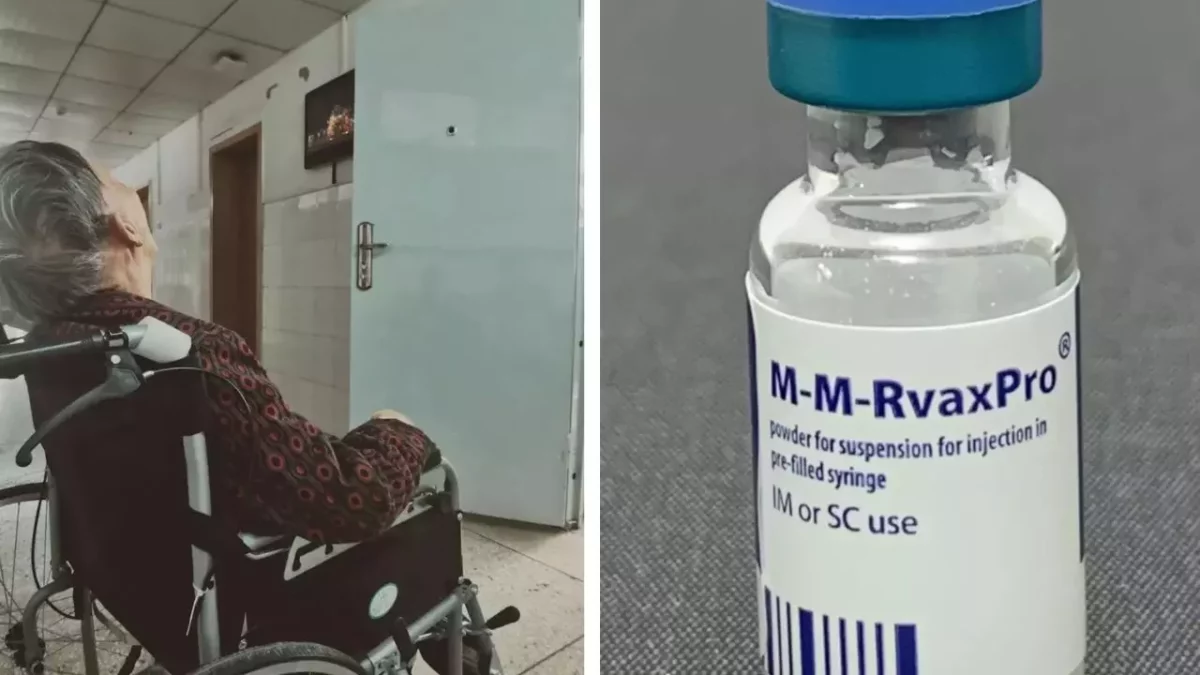 Neidentifikovateľná osoba na vozíku v nemocničnej chodbe vedľa ampulky vakcíny M-M-RvaxPro.