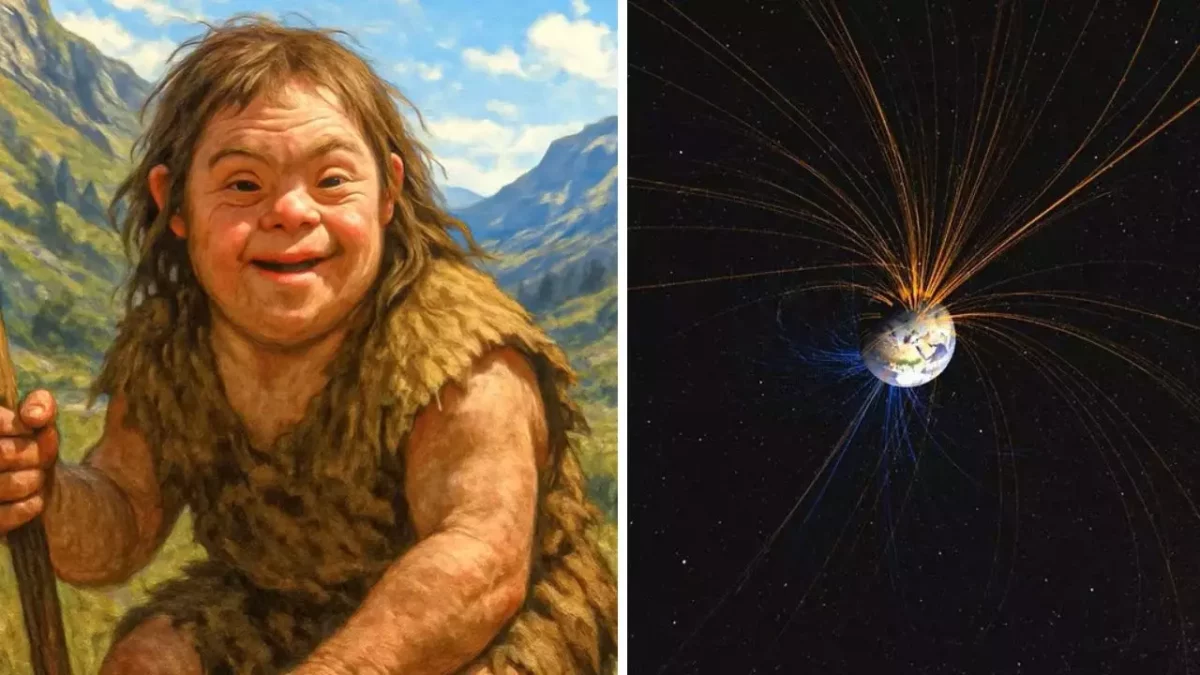 Ilustrácia pračloveka v prírode vedľa kresby Zeme s magnetickým poľom vo vesmíre.