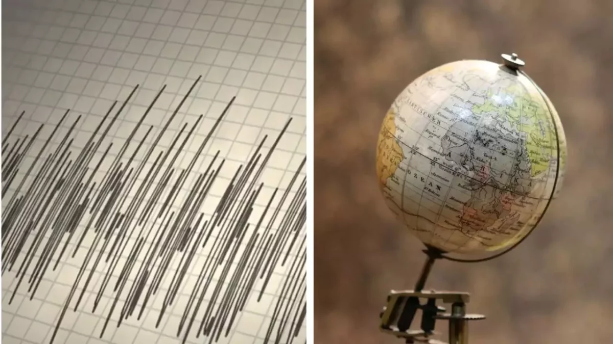 Seizmografická krivka a glóbus ukazujúce pohyby Zeme a geografické súvislosti.