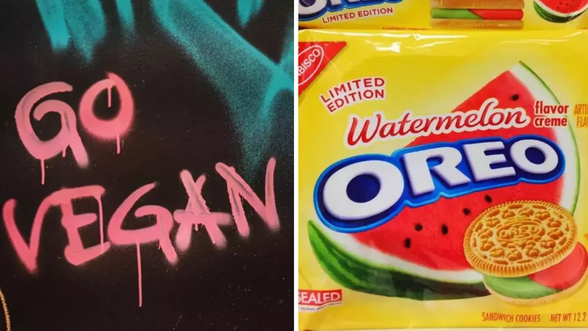 Graffiti s nápisom Go Vegan a obal limitovanej edície Oreo s melónovou príchuťou.