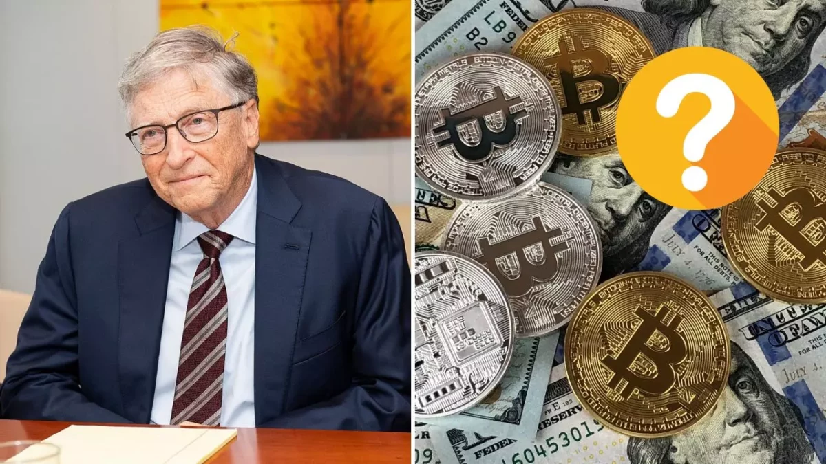 Muž v obleku sedí za stolom vedľa obrázka bitcoinov a dolárových bankoviek so symbolom otáznika.