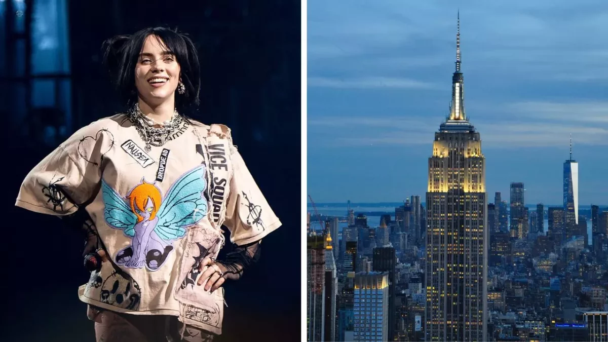 Osoba v štýlovom tričku a panoráma mesta s osvietenou Empire State Building večer.