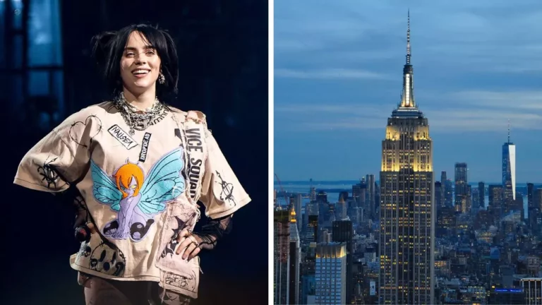 Osoba v štýlovom tričku a panoráma mesta s osvietenou Empire State Building večer.