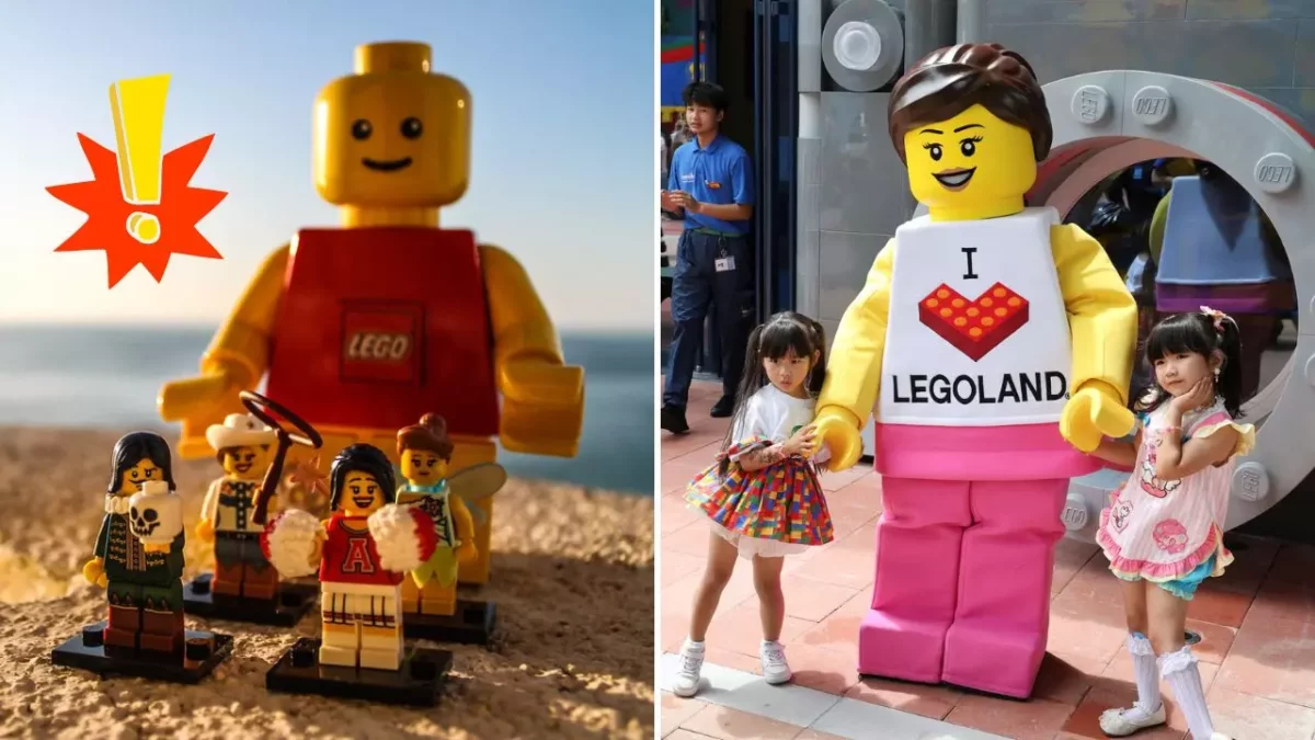 LEGO minifigúrky a maskot Legolandu prinášajú radosť deťom, stojace pri vchode do tematického parku.