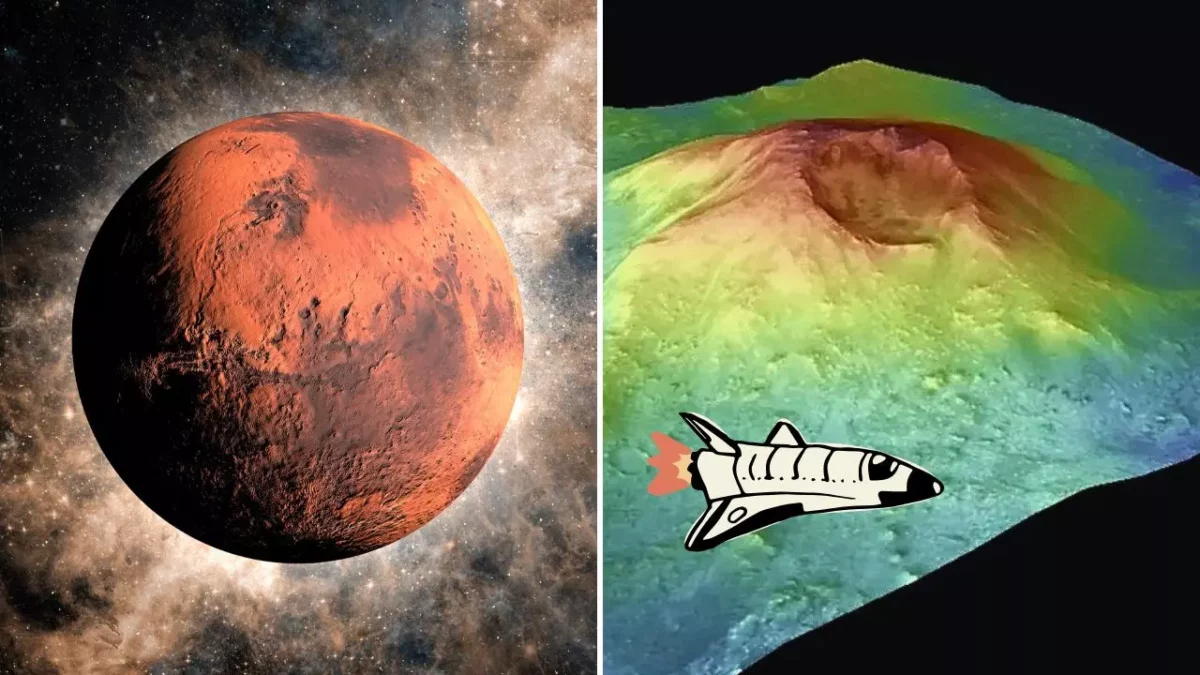 Planéta Mars a animovaná raketa nad povrchom marsovského vulkánu.