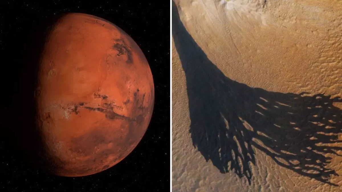 Mars z vesmíru; vedľa tieň na marťanskom povrchu pripomínajúci chobotnicu na piesku.