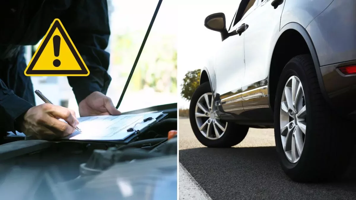 Kontrola auta a upozorňujúci symbol; auto na cestnej krajnici. Údržba a bezpečnosť vozidla.