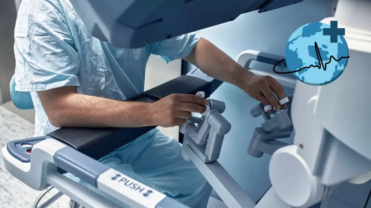 Lekár ovláda chirurgického robota v nemocnici, zobrazujúci pokrok v roboticky asistovanej medicíne.