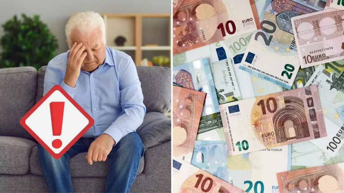 Starší muž na gauči s pocitom starostí, vedľa neho zmes eurobankoviek na zemi. Finančné problémy dôchodcu.