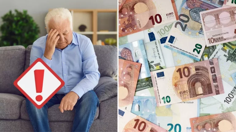 Starší muž na gauči s pocitom starostí, vedľa neho zmes eurobankoviek na zemi. Finančné problémy dôchodcu.