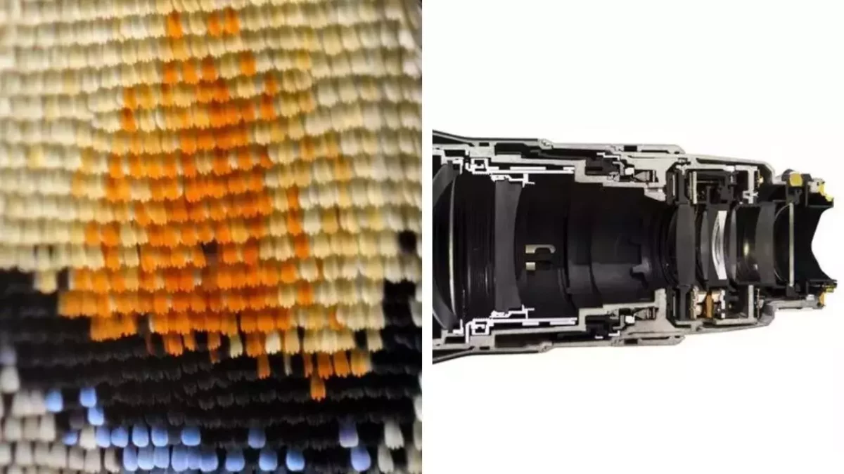 Mozaika z farebných ceruziek a priečny rez objektívom fotoaparátu.