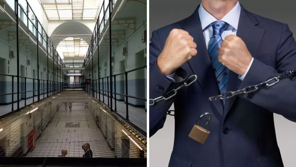 Väzenská chodba a muž v obleku so zamknutými reťazami na rukách, symbolizujúci právne problémy a obmedzenie slobody.