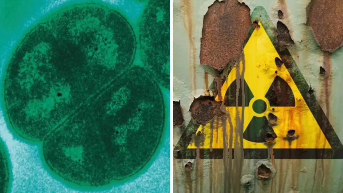 Baktéria *Deinococcus radiodurans* a varovný znak rádioaktivity na zhrdzavenej kovovej tabuli.