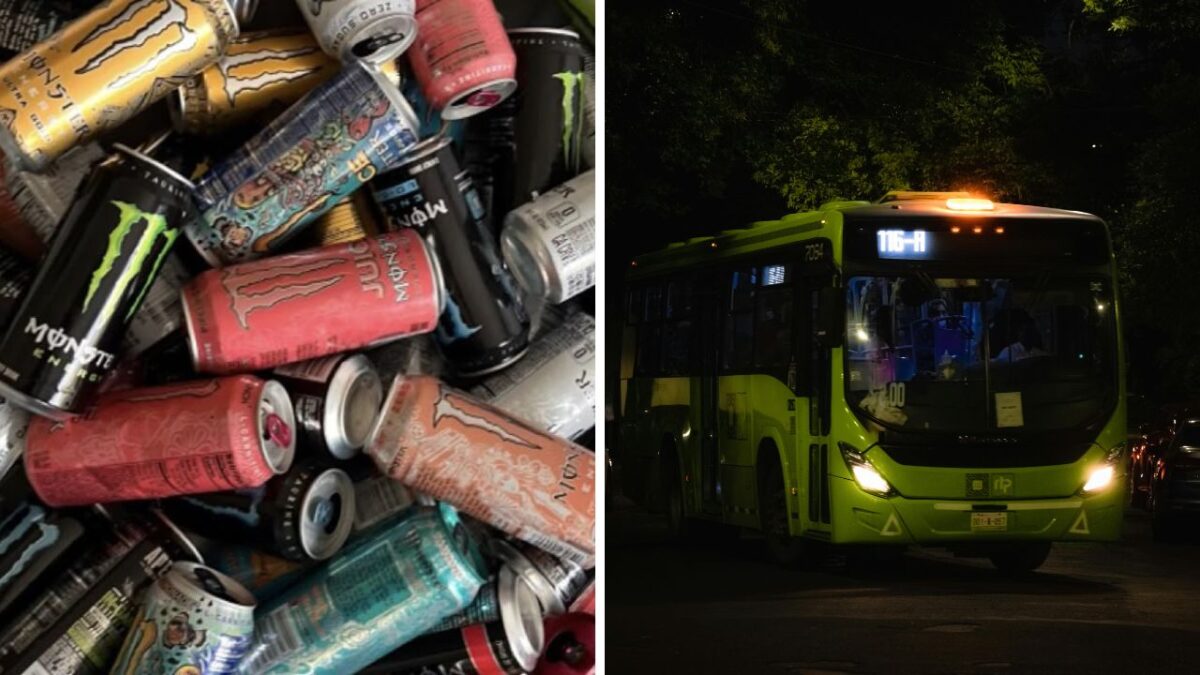 Plechovky energetických nápojov a zelený autobus 116-H večer na ulici.