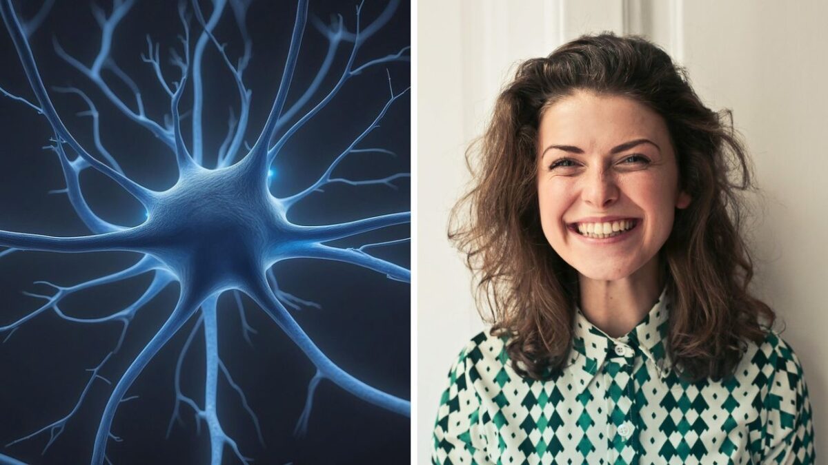 Obrázok neurónu vedľa usmiatej ženy - spojenie medzi vedou a ľudskými emóciami.