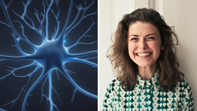 Obrázok neurónu vedľa usmiatej ženy - spojenie medzi vedou a ľudskými emóciami.
