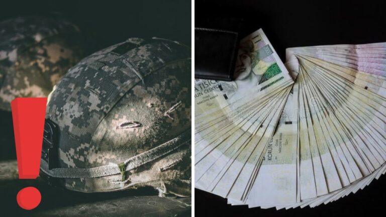 Militaristická prilba vedľa českých bankoviek symbolizuje vzťah medzi vojenstvom a financiami.