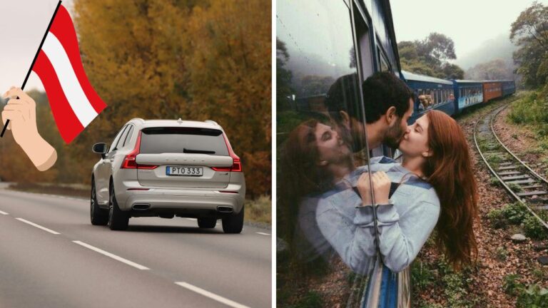 Auto na ceste vedľa rakúskej vlajky; pár sa bozkáva vo vlaku pri železnici v prírode.