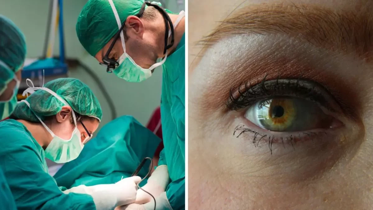 Chirurgický tím pri operácii a detail oka pacienta, kladúci dôraz na precíznosť a medicínsku starostlivosť.