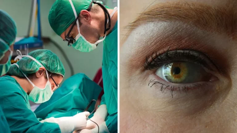 Chirurgický tím pri operácii a detail oka pacienta, kladúci dôraz na precíznosť a medicínsku starostlivosť.