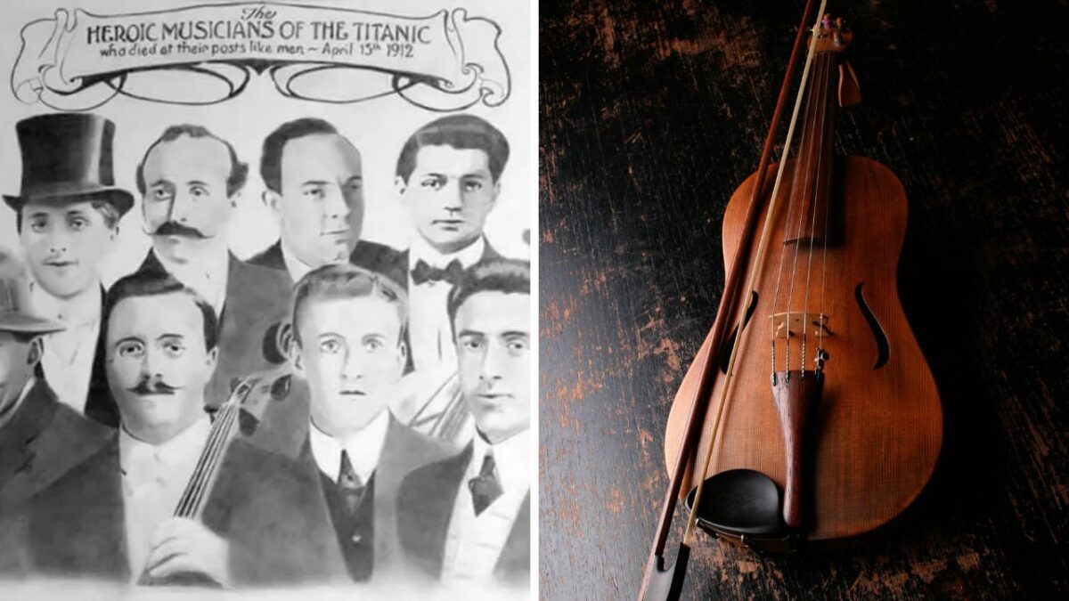 Čiernobiely portrét muzikantov z Titanicu vedľa obrazu huslí na drevenom povrchu.