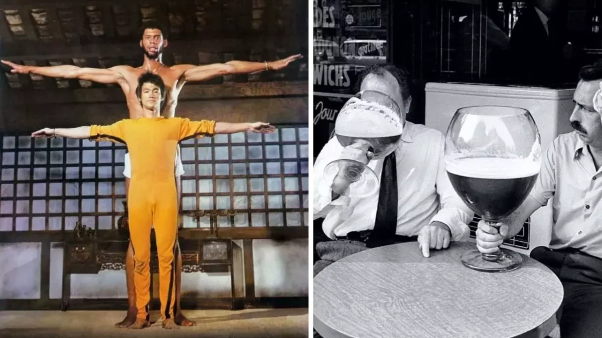 Dve fotografie: Muž v oranžovom cvičí pózu. Dvaja muži pri stole pijú obrovské poháre piva.