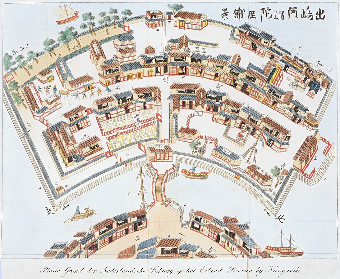 Historická mapa japonského ostrova s budovami a loďami, zobrazená v detailnom starom japonskom štýle kreslenia.
