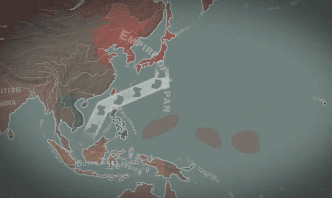 Mapa Pacifiku zachytávajúca expanziu Japonského impéria v Ázii počas 2. svetovej vojny.