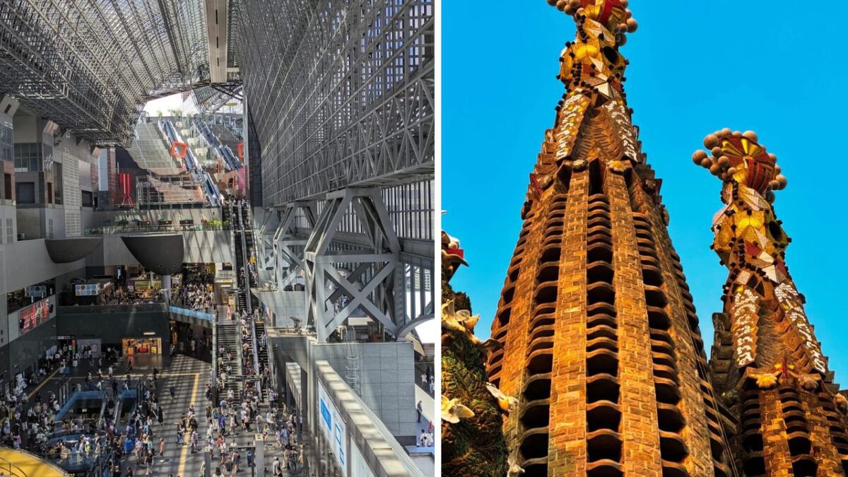 Interiérová moderná architektúra a detailné veže zdobeného chrámu pod modrou oblohou.