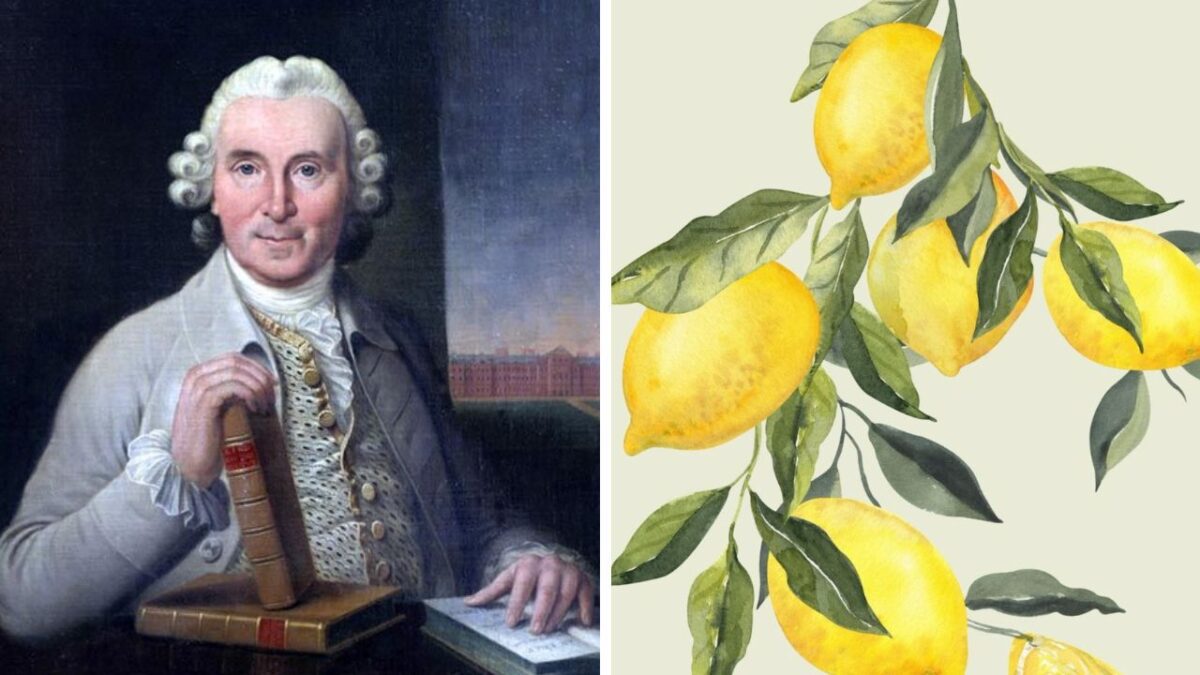 Portrét muža s knihou vedľa ilustrácie vetvy citrónovníka s plodmi a listami, historická a botanická téma.