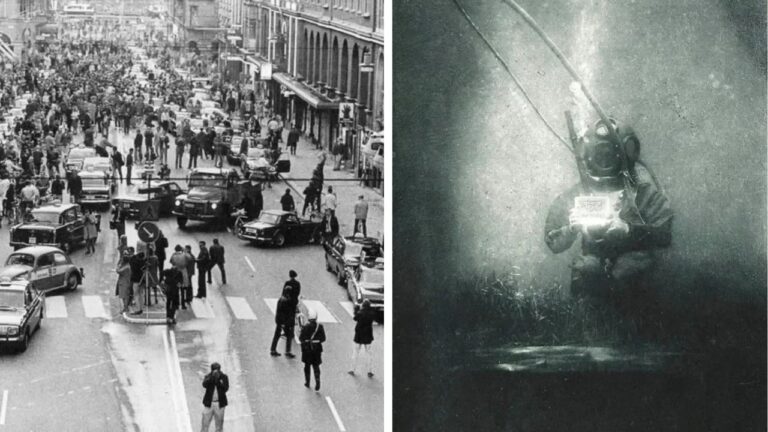 Ľudia a vozidlá na rušnej ulici, druhý obrázok: potápač s prístrojom vo vode. Historická fotografia.