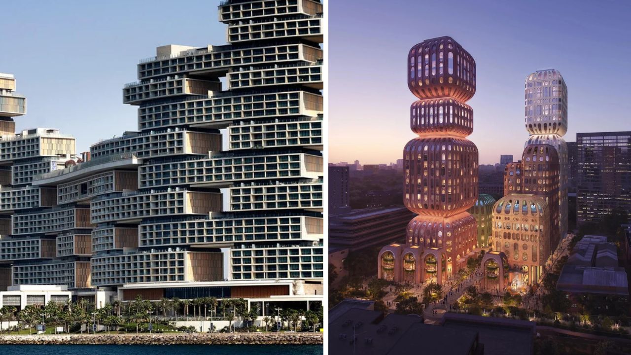 Moderné architektúry: unikátny dizajn budov pri vode a futuristické osvetlené veže v meste za súmraku.