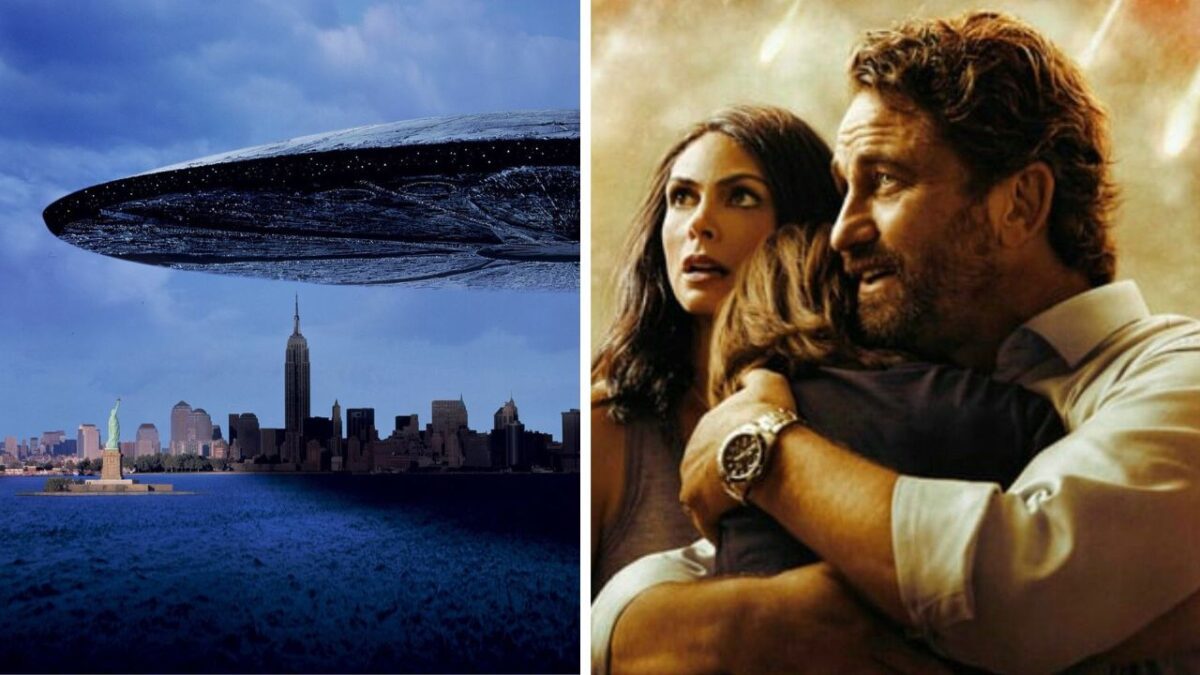 Mimozemská loď nad mestom, ľudia prejavujú úzkosť a ochranu. Sci-fi scéna plná napätia a emócií.