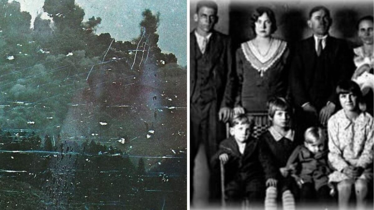 Duch na starom rodinnom portréte vedľa záhadného lesného prostredia, mysteriózna atmosféra.