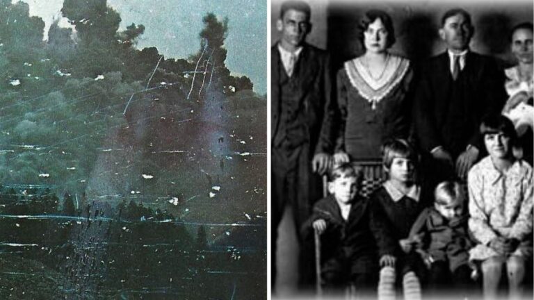 Duch na starom rodinnom portréte vedľa záhadného lesného prostredia, mysteriózna atmosféra.