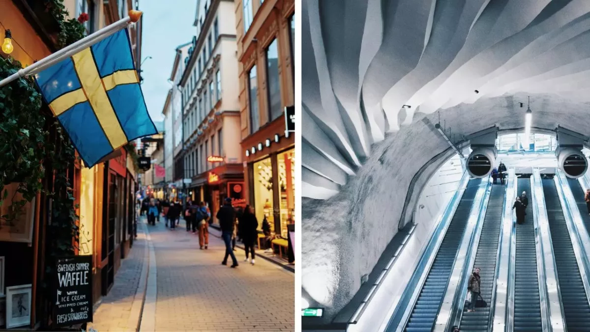 Ulička so švédskou vlajkou a moderné eskalátory v podzemí.